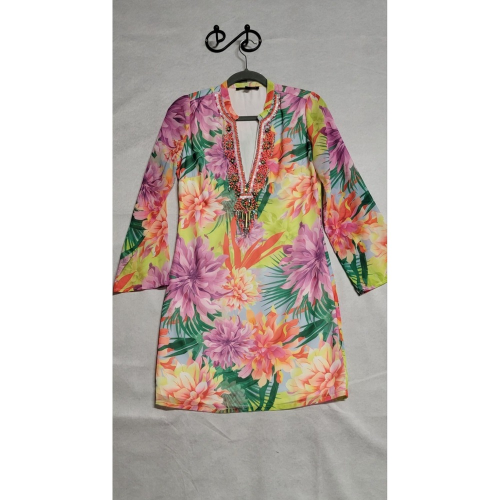 Multicolored Floral Print/Beads & Crystal Trim Ls Short Boston Proper Dress XS